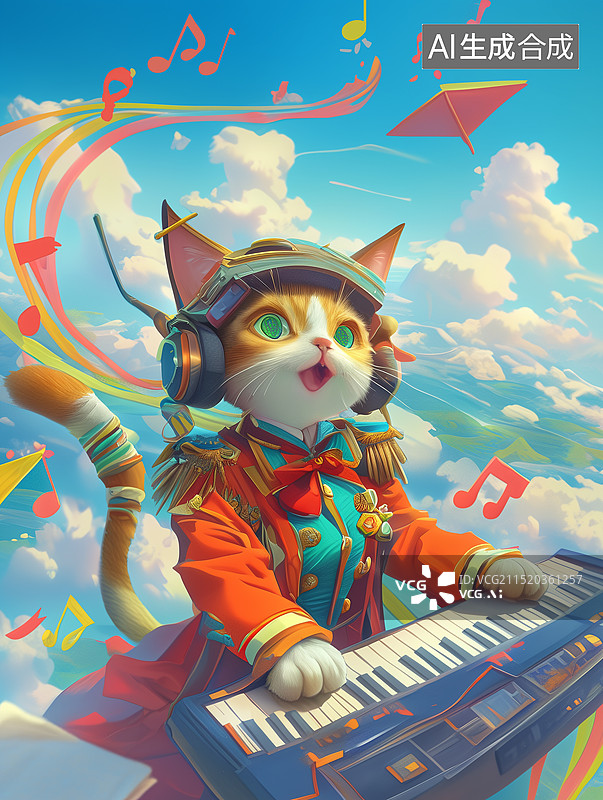 【AI数字艺术】空中弹电子琴的猫图片素材
