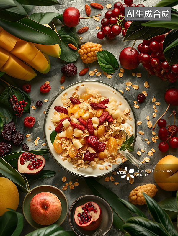 【AI数字艺术】桌上碗中早餐的俯视图图片素材