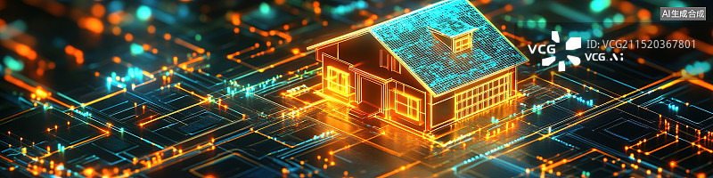 【AI数字艺术】未来感3D智能家居概念：房地产开发与投资展示。抽象数字化呈现的房屋合同签署与黄色发光线条。高科技展览图片素材