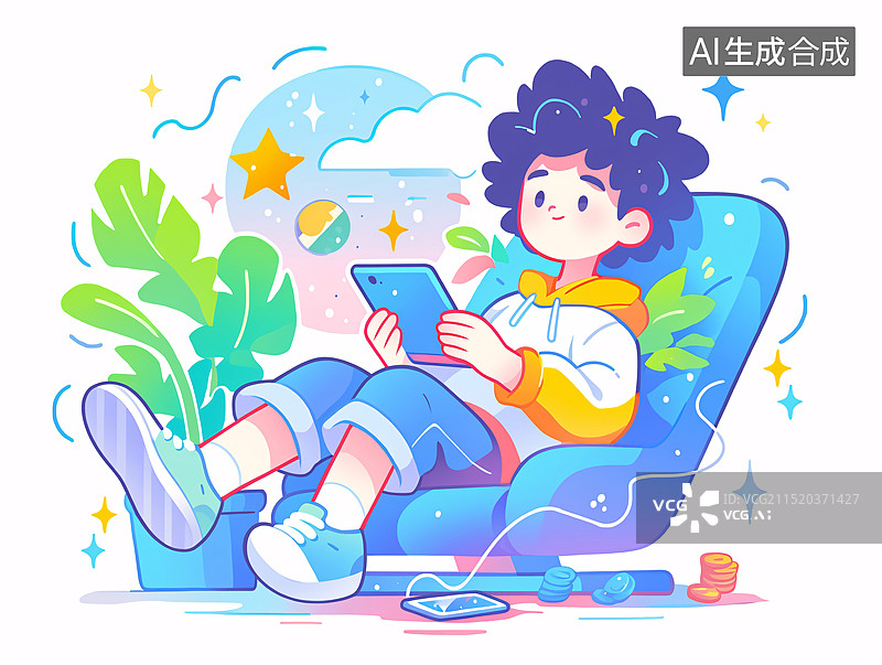 【AI数字艺术】儿童节小孩玩手机童年休闲娱乐生活场景插画图片素材