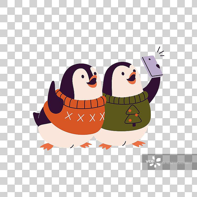 穿圣诞毛衣的可爱企鹅合影图片素材