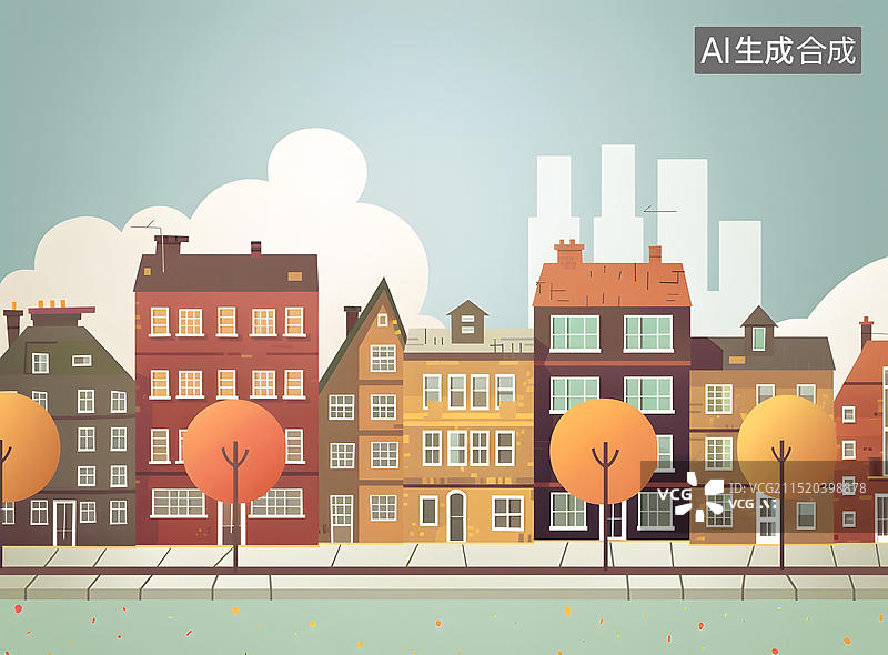 【AI数字艺术】卡通城市街道建筑树木插画图片素材