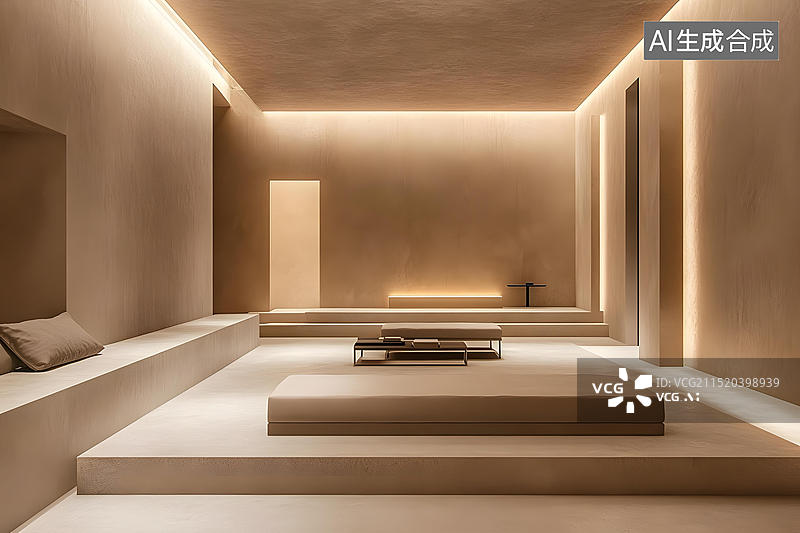 【AI数字艺术】极简主义的米色墙壁平台床室内设计图片素材