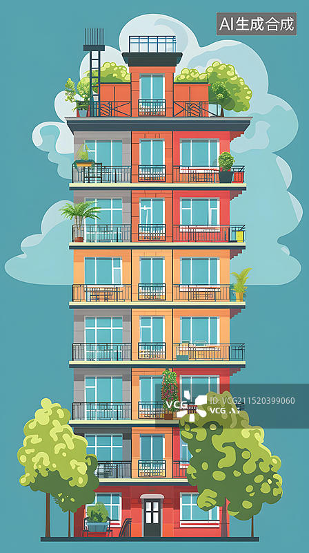 【AI数字艺术】带绿色屋顶和阳台的多彩公寓楼图片素材