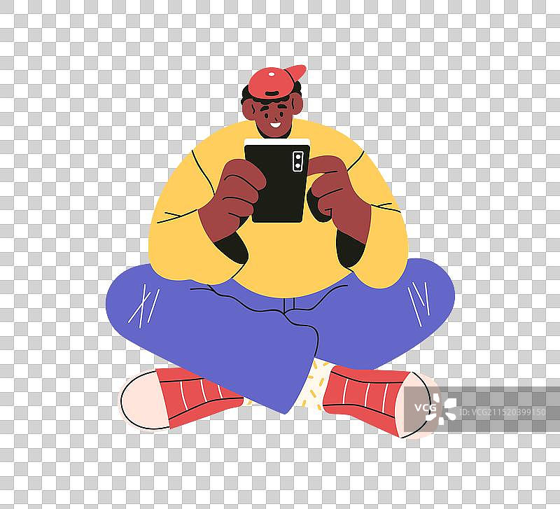 年轻的黑人男子坐着手持手机图片素材