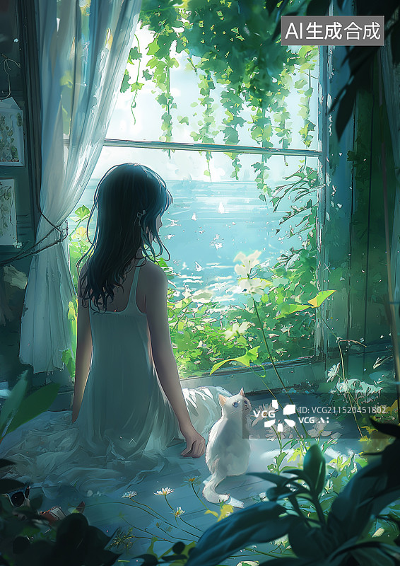 【AI数字艺术】一个小女孩和小猫坐在落地窗前图片素材
