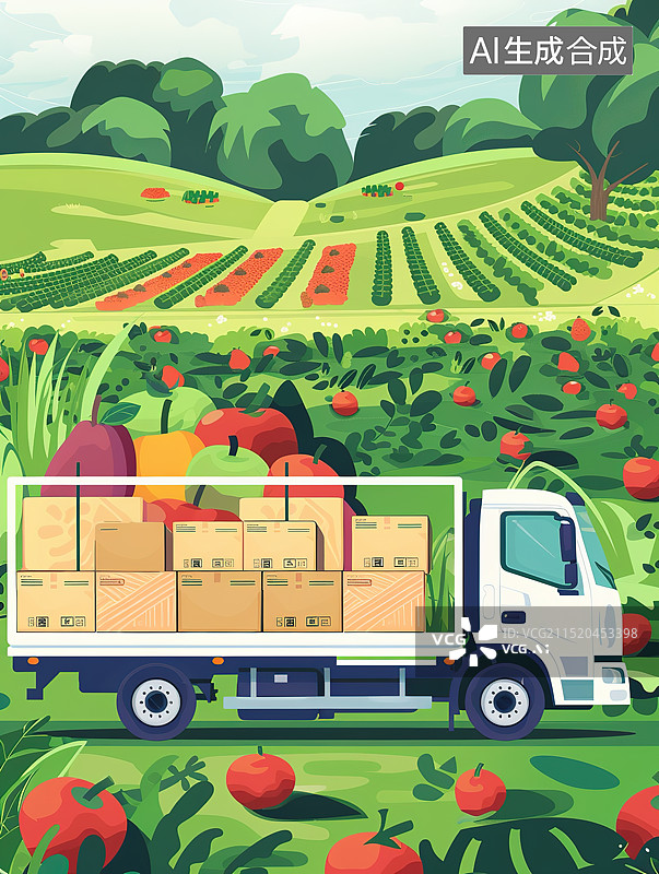 【AI数字艺术】丰收的果园一辆卡车运送农产品场景——乡村振兴概念插画图片素材