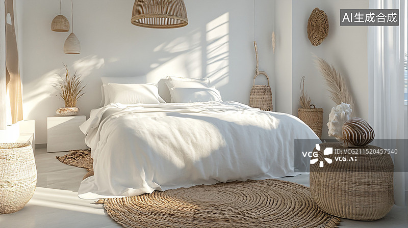 【AI数字艺术】自然简约田园风现代卧室室内场景图片素材