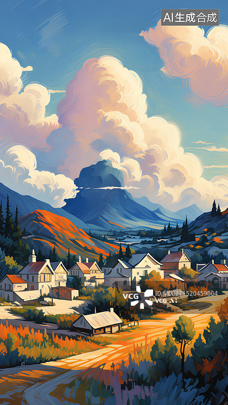 【AI数字艺术】房地产主题插画 秋天和阳光明媚的小镇图片素材