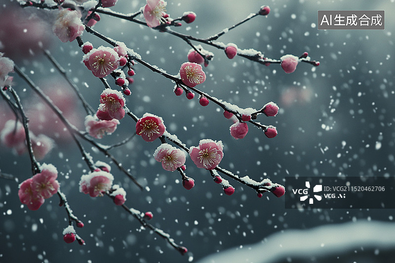 【AI数字艺术】冬天腊梅绽放在大雪中图片素材