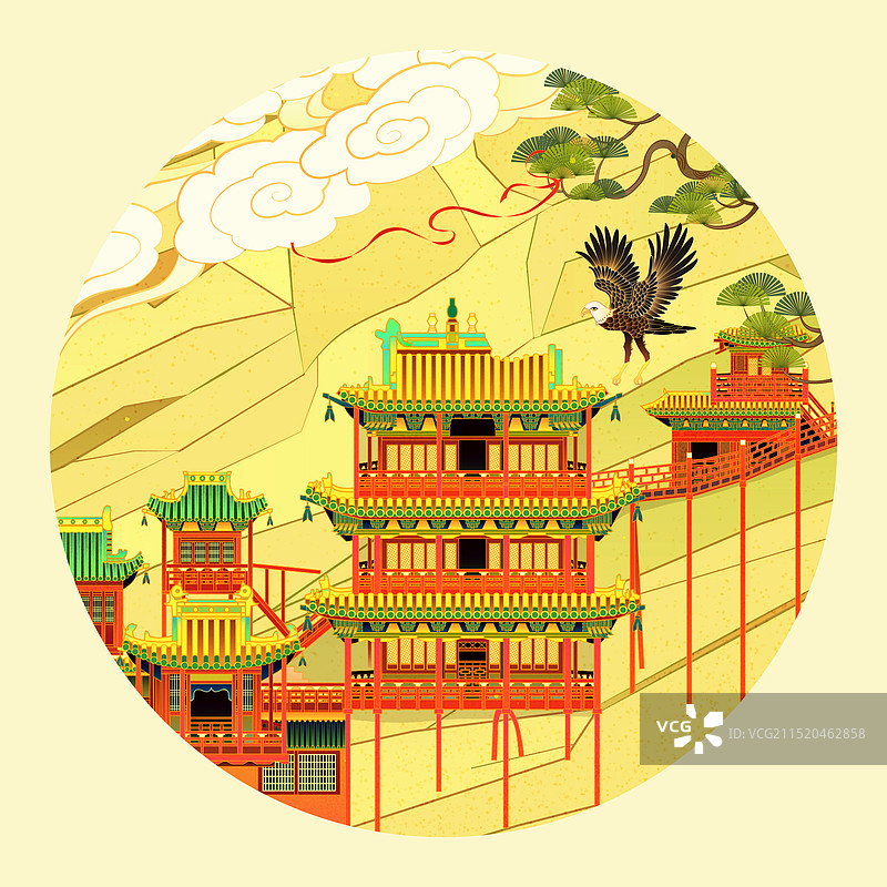 山西大同悬空寺国潮插画图片素材