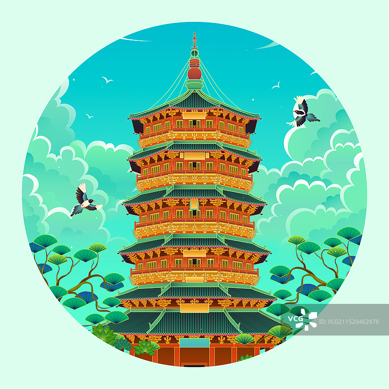 山西朔州应县木塔国潮插画图片素材