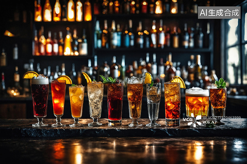 【AI数字艺术】酒吧柜台上的鸡尾酒展示图片素材