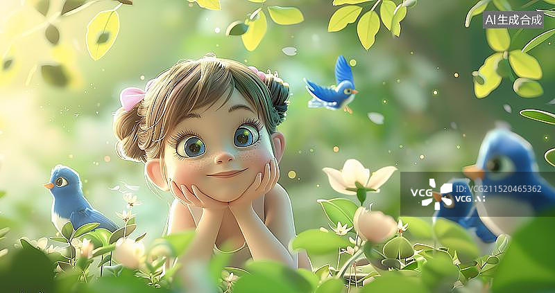 【AI数字艺术】一个可爱女孩趴在草地上思考图片素材