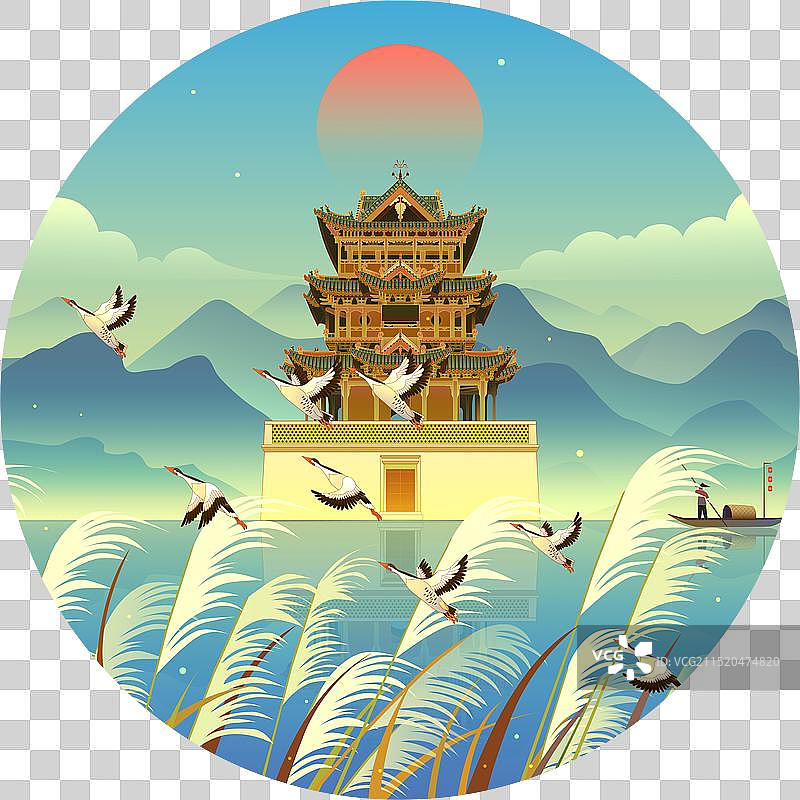 山西万荣县秋风楼鸿雁芦苇中国风插画图片素材
