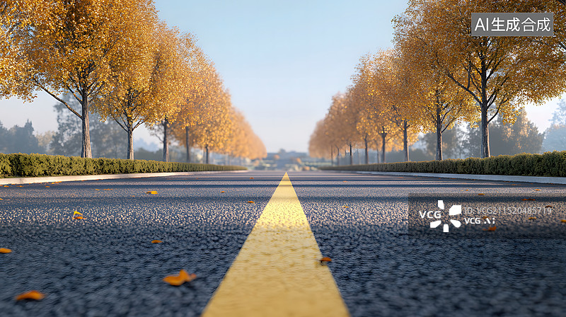 【AI数字艺术】秋天低视角的林间公路与金黄色的落叶图片素材