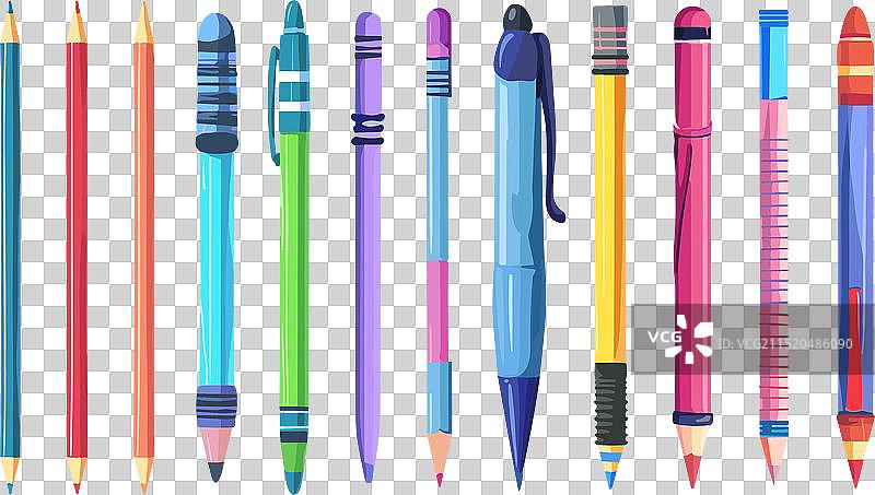 彩色铅笔、蜡笔和钢笔套装图片素材