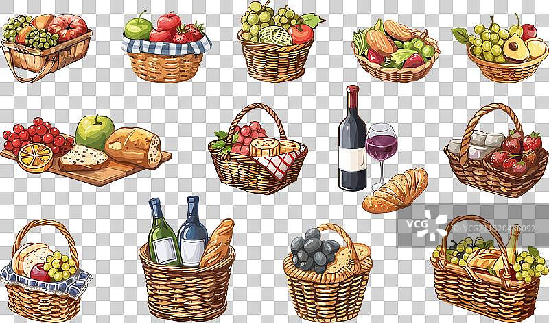 柳条篮里的野餐食物和葡萄酒图片素材
