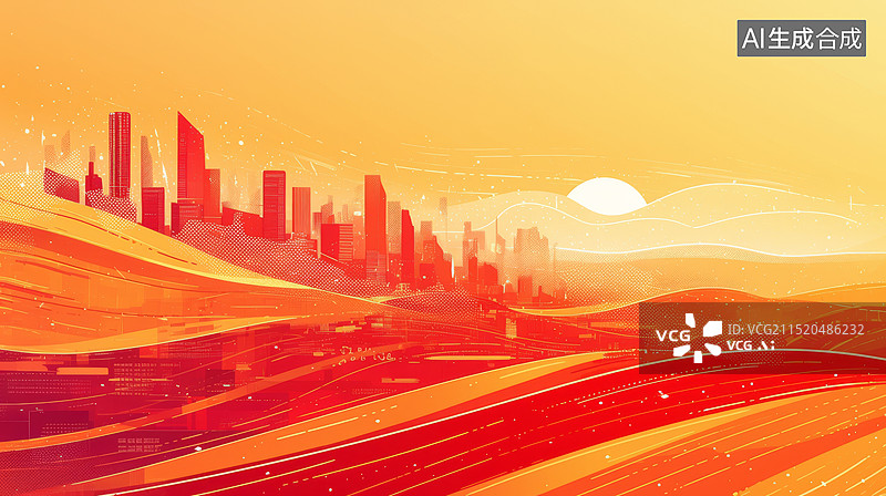 【AI数字艺术】红色调城市天际线插画图片素材