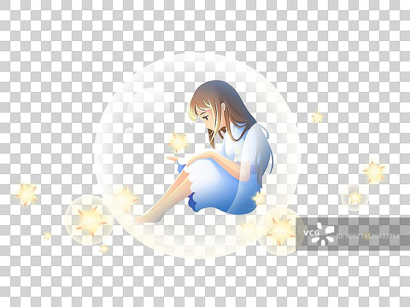 坐在泡泡里的少女看着手心里的星星清新卡通免扣元素图片素材