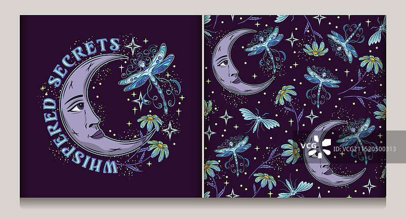 带有月亮、精灵和蜻蜓图案的标签图片素材