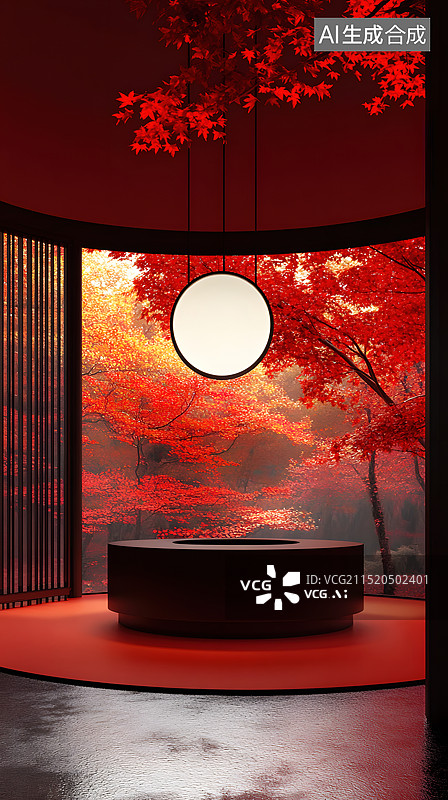 【AI数字艺术】秋季的日本古寺庭院与产品展台图片素材