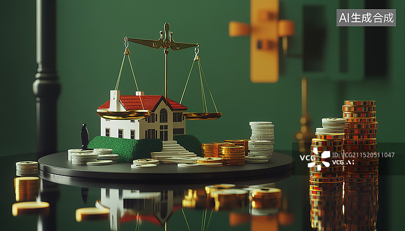 【AI数字艺术】抽象3D天平：房地产投资对比加密货币。房产开发与数字金融创意插画图片素材