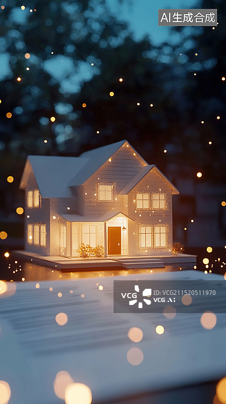 【AI数字艺术】创新3D房地产合同签订投资刚需购房需求概念：金色和蓝色全息建筑。未来派房产投资可视化智慧城市发展图片素材