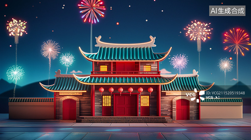 【AI数字艺术】夜晚在一座座中式建筑上空绽放的烟花图片素材