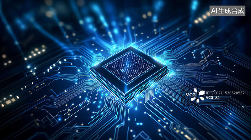 【AI数字艺术】蓝色发光人工智能处理器芯片图片素材
