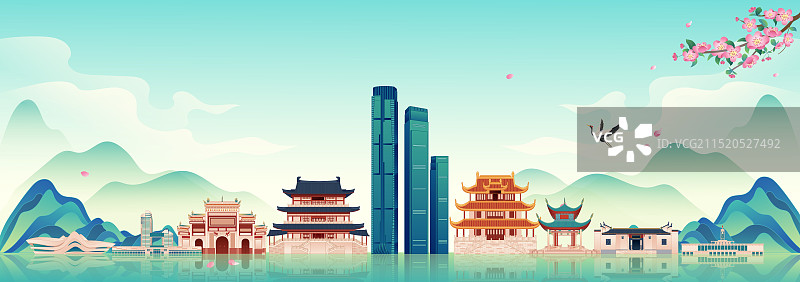国风湖南长沙城市印象地标建筑城市天际线矢量插画建筑群图片素材