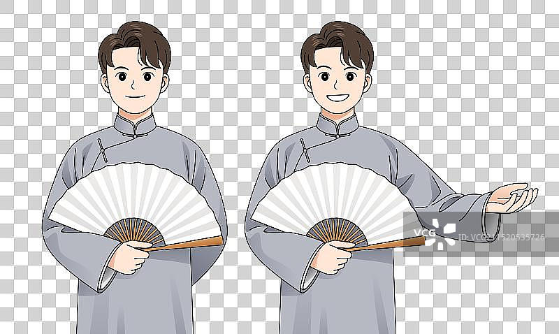 穿传统中式长衫大褂马褂手拿折扇的民国男性男生帅哥相声曲艺演员复古怀旧国风卡通人物手绘插画元素图片素材