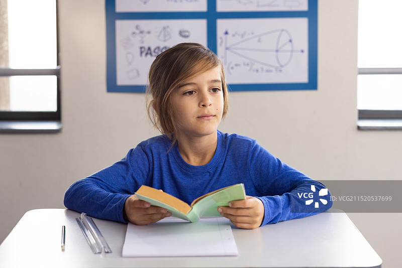 在学校里，男孩在课桌前读书，桌上有笔记本和笔图片素材