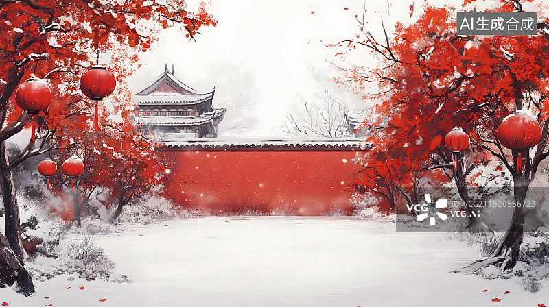 【AI数字艺术】落满积雪的红色中国城墙和挂着灯笼的树插画风景图片素材