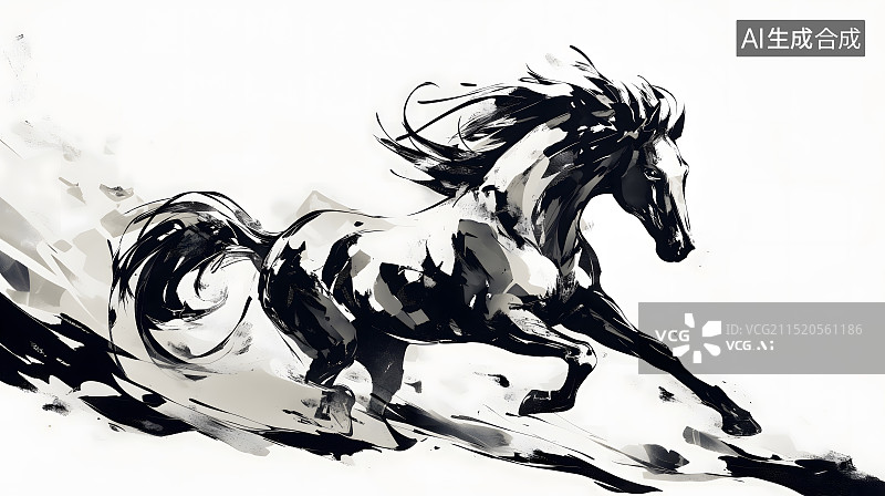 【AI数字艺术】水墨风奔驰的骏马中国画图片素材