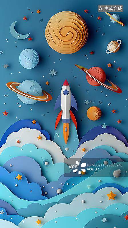 【AI数字艺术】剪纸风格火箭发射太空探索主题图图片素材