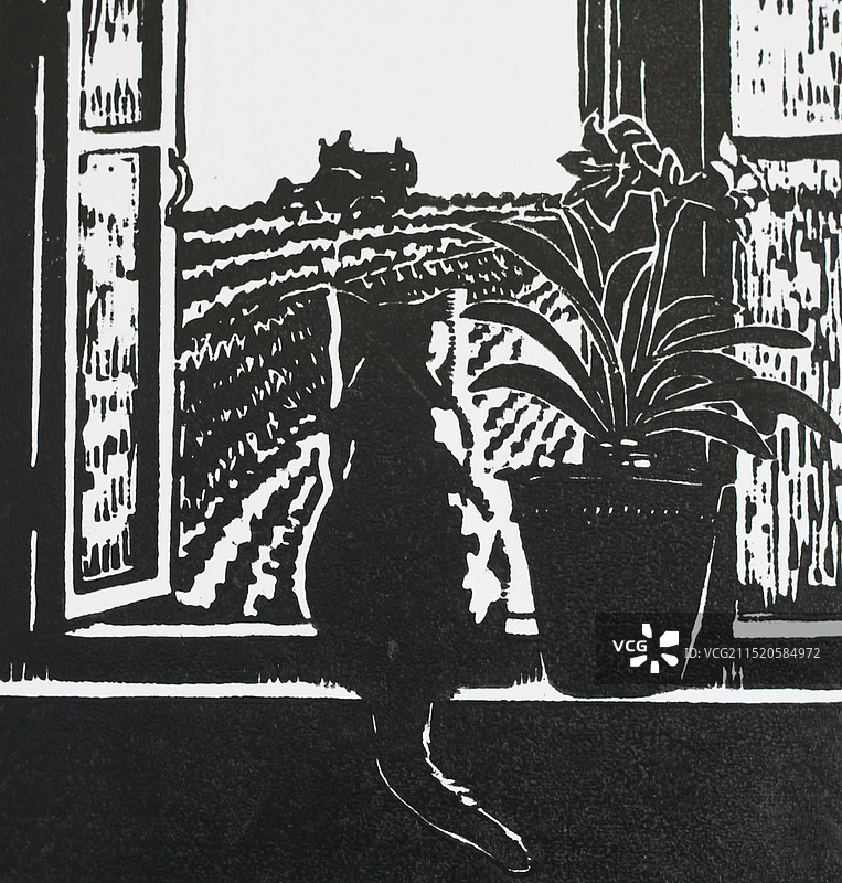 黑白木刻《晨光》图片素材