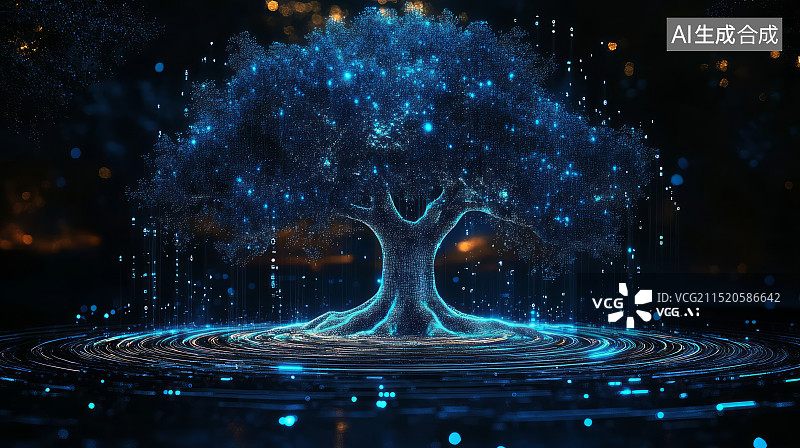 【AI数字艺术】3D渲染蓝色发光粒子树，科技全息图概念图片素材