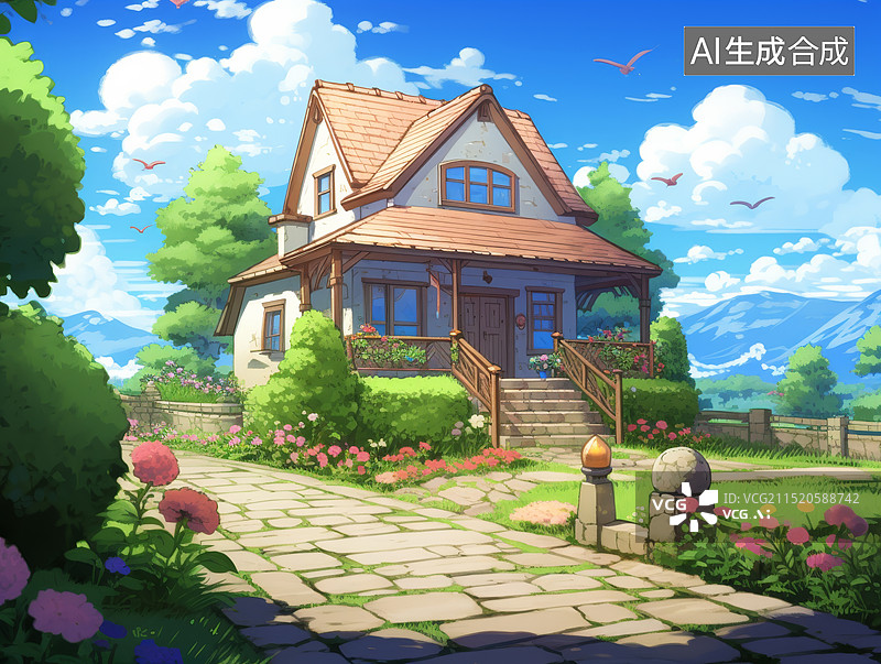 【AI数字艺术】绿意盎然的乡村小屋图片素材