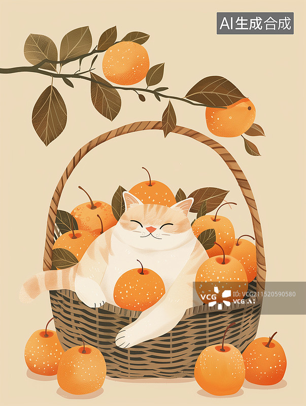 【AI数字艺术】秋季闲情逸致的小猫与树上的柿子风景，秋季橙子收获的季节宠物猫插画素材 竖版图片素材