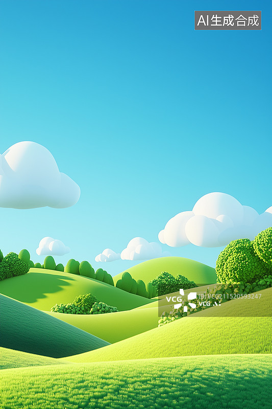 【AI数字艺术】卡通3D绿色草坪风电风，绿色草原设计背景，绿色山丘三维插画，绿色山坡草地远处是蓝天白云的3D卡通场景图片素材