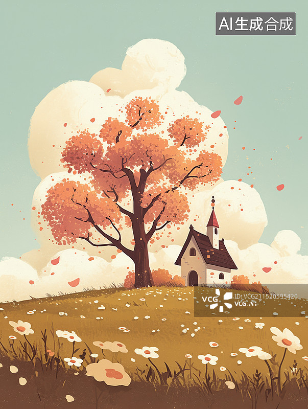 【AI数字艺术】春日草坪上的小房子图片素材