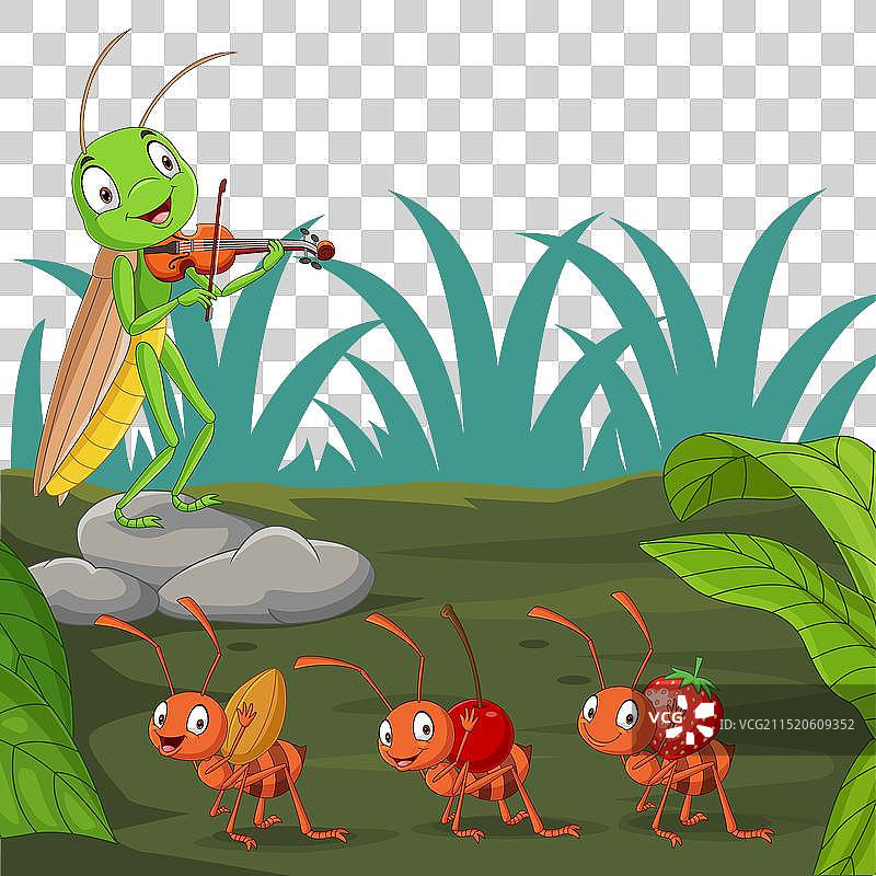 花园里的卡通蚂蚁和蚱蜢图片素材