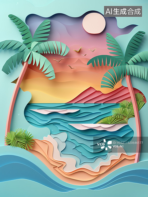 【AI数字艺术】海边立体剪纸风插画图片素材