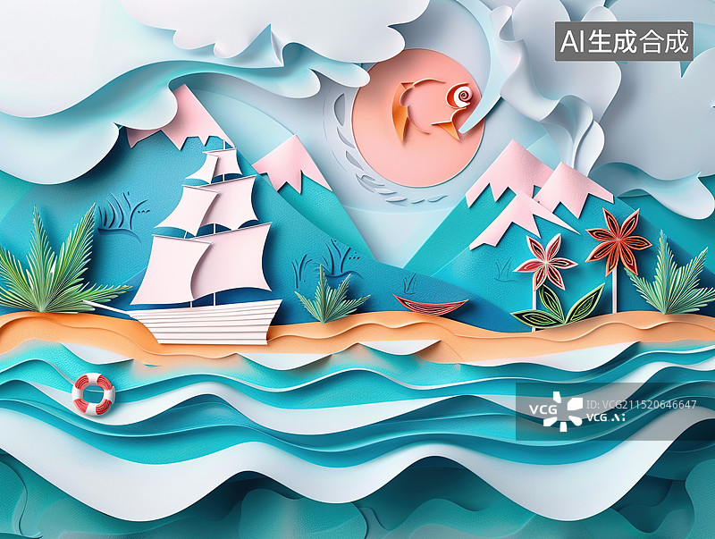 【AI数字艺术】海边立体剪纸风插画图片素材