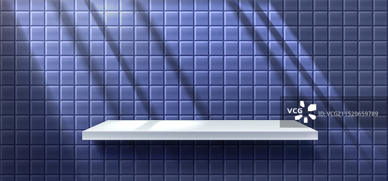 蓝色瓷砖墙上带阴影的白色架子图片素材