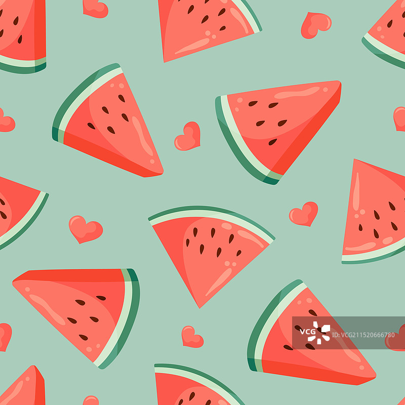 多汁西瓜切片与小爱心无缝图案图片素材
