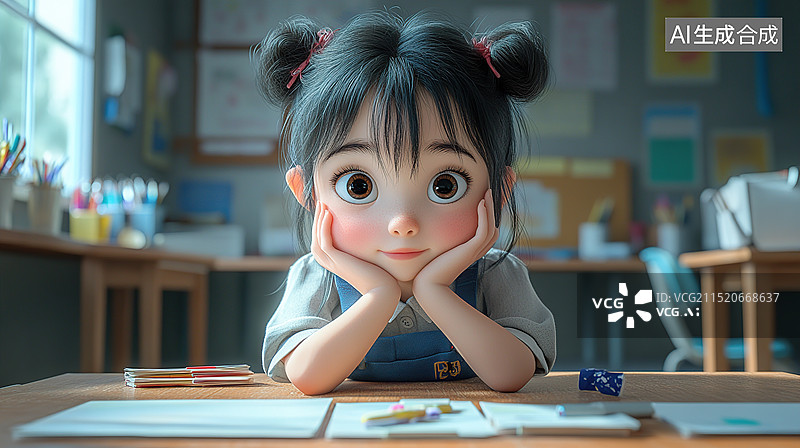 【AI数字艺术】一个小学生在教室座位上双手托着下巴在思考什么图片素材