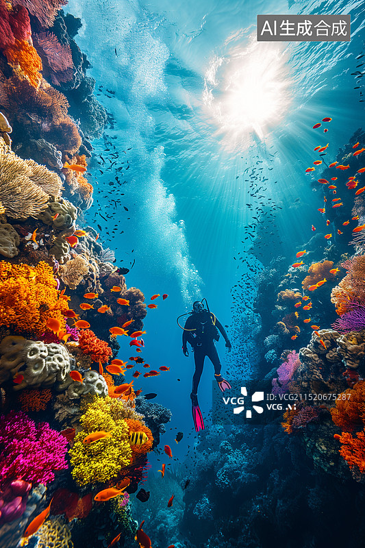 【AI数字艺术】一个潜水员在布满珊瑚礁的海底潜水图片素材