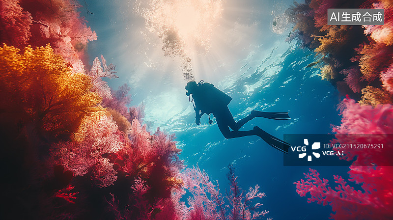 【AI数字艺术】一个潜水员在布满珊瑚礁的海底潜水图片素材